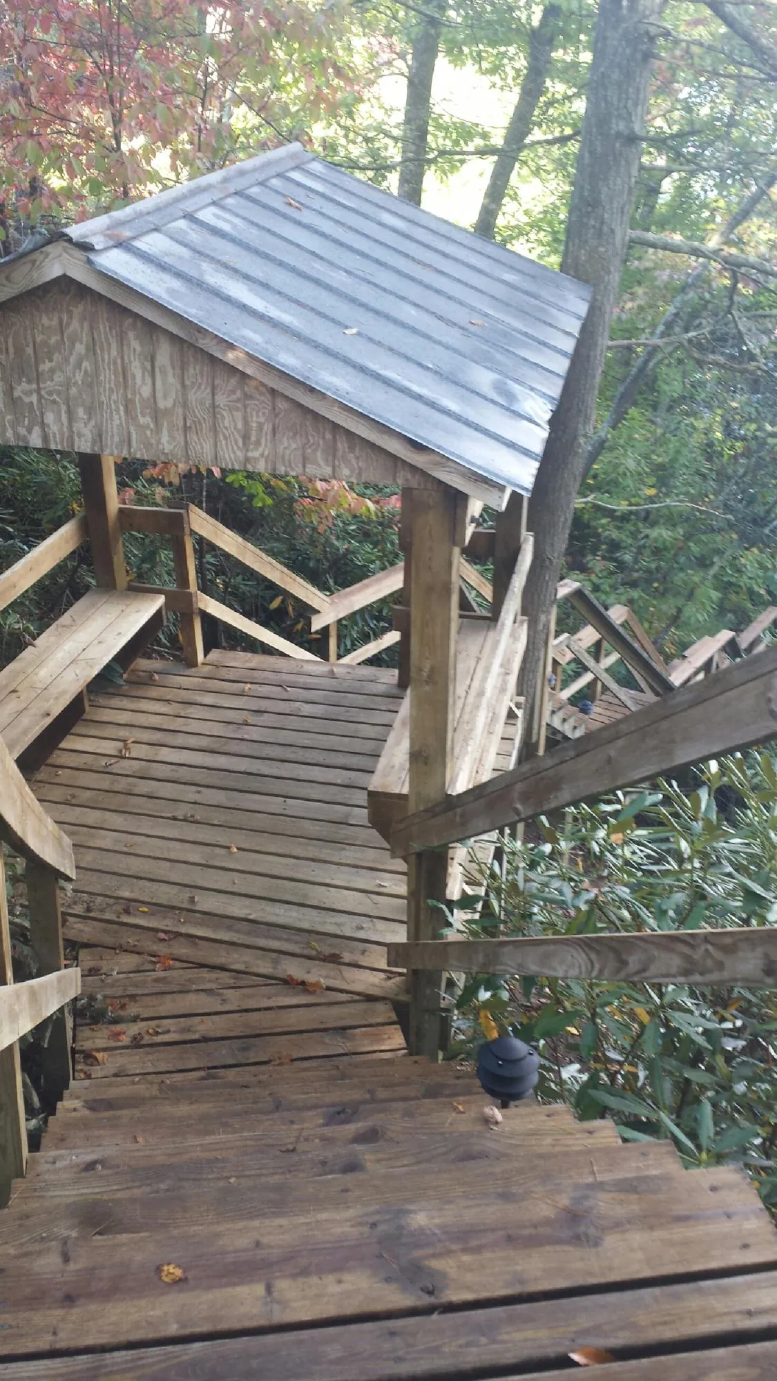 Metal roofed shelter over wooden steps on a wooded walkway — Skylight Repair & Installation work by our crew in Monongahela